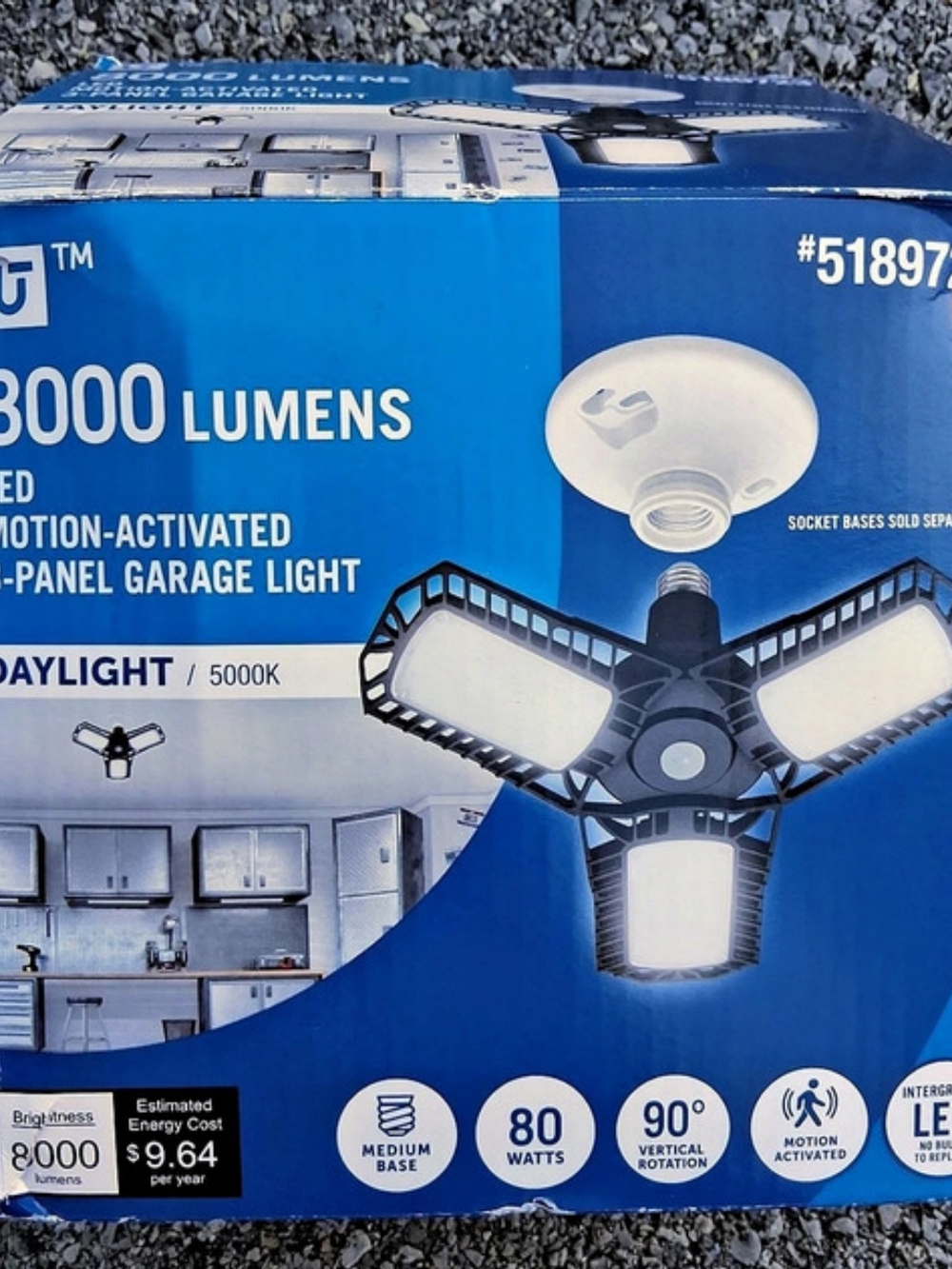 Commercial Electric 8000 Lumens LED Motion-Activated 3-Panel Garage Light 8000
